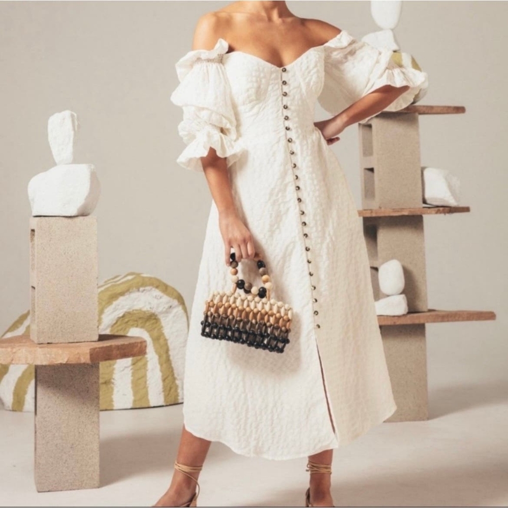 Cult Gaia Simona white linen off shoulder midi Dress size S #8